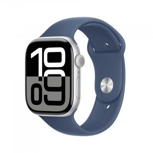 APPLE WATCH SERIES 10 GPS 46MM SILVER ALUMINIUM CASE WITH DENIM SPORT BAND - S/M [MWWL3QL/A]