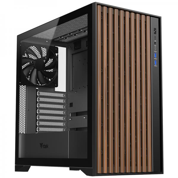 ITEK CASE WOODY, GAMING TOWER, ATX, 3X12CM BLACK FAN, 2XUSB3, TYPE-C, WOOD FRONT, TEMP GLASS SIDE P [ITGCAWO28B]