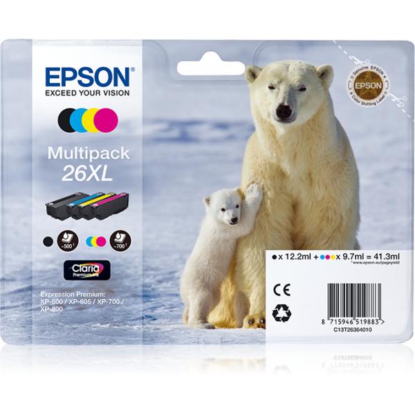 MULTIPACK DE TINTA EPSON CART PARA XP-600/605/700/800 SERIE 26XL/OSO POLAR (T262140 + T263240 + T263340 + T263440) [C13T26364010]