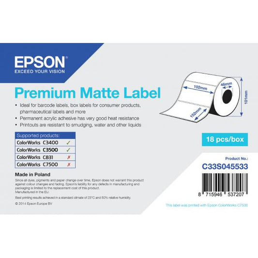 Etiqueta mate Epson Premium - Rollo troquelado: 102 mm x 152 mm, 225 etiquetas [C33S045533]