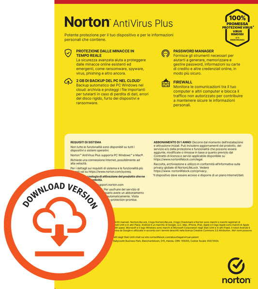 NORTON ANTIVIRUS PLUS 2GB IT 1 USER 1 DEVICE 1Y VECCHIO CODICE 21397559 [21429118]