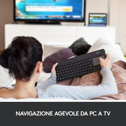 Logitech K400 Plus Tastiera Wireless Touch TV, Facili Controlli Multimediali e Touchpad Integrato, Tastiera HTPC per TV Collegata al PC, Windows, Android, Chrome OS, Laptop, Tablet [920-007135]