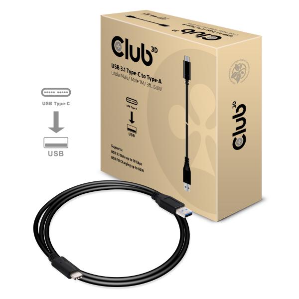 CLUB3D USB TYPE C 3.1 GEN 2 MALE (10GBPS) TO TYPE A MALE CABLE 1METER / 3.28FEET [CAC-1523]