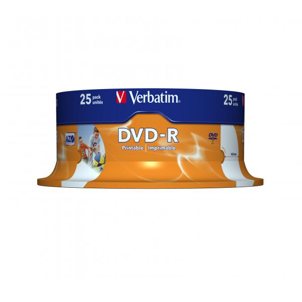 VERBATIM DVD-R 16X, 4,7 GB, PAQUETE DE 25 EJES, IMPRIMIBLE CON INYECCIÓN DE TINTA ANCHA, 21-118 MM [43538]