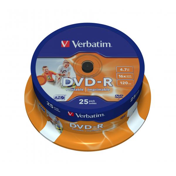 VERBATIM DVD-R 16X, 4,7GB, 25 PACK SPINDLE, WIDE INKJET PRINTABLE, 21-118 MM [43538]