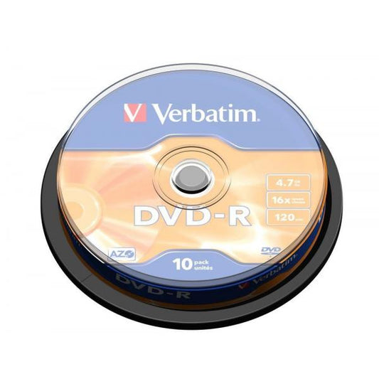 VERBATIM DVD-R 16X, 4.7GB, PAQUETE DE 10 EJES, PLATA MATE [43523]