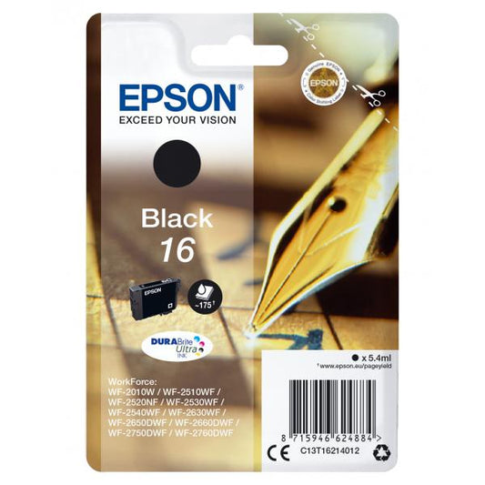 CARRITO DE TINTA NEGRA EPSON PARA WF-2510WF, WF-2520NF, WF-2530WF SERIE WF-2540WF 16 PLUMAS Y CRUCIGRAMAS [C13T16214012]