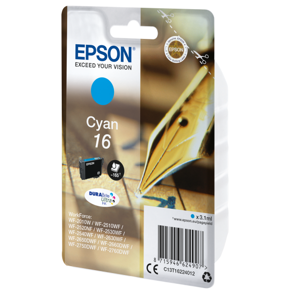 EPSON CART INK CIANO PER WF-2510WF, WF-2520NF, WF-2530WF WF-2540WF SERIE 16 PENNA E CRUCIVERBA [C13T16224012]