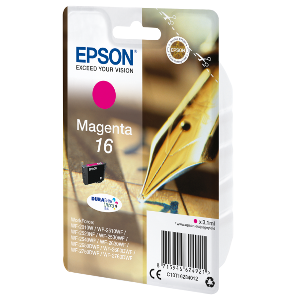 TINTA EPSON CART MAGENTA PARA WF-2510WF, WF-2520NF, WF-2530WF WF-2540WF SERIE 16 PLUMA Y CRUCIGRAMA [C13T16234012]