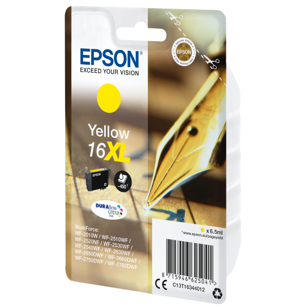 TINTA EPSON CART XL AMARILLA PARA WF-2510WF, WF-2520NF, WF-2530WF WF-2540WF SERIE 16XL PLUMA Y CRUCIGRAMA [C13T16344012]