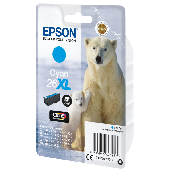 TINTA EPSON CART CIAN PARA XP-600/605/700/800 SERIE 26XL/OSO POLAR [C13T26324012]