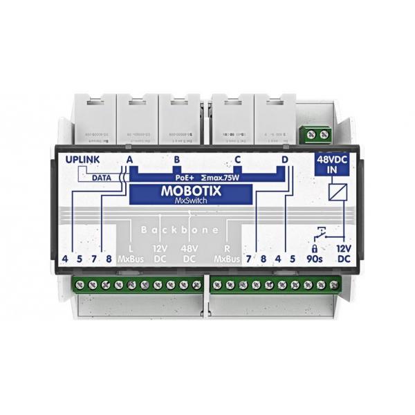 MOBOTIX MX-SWITCH1- PoE+ Switch for the top-hat rail, 5x RJ45 port with 100 MBit/s (1x uplink, 4x PoE+ with max. 75 W), Supply: 48 V DC, max. 75 W, MxBus, anti-theft protection - PROMO FINO [MX-SWITCH1]