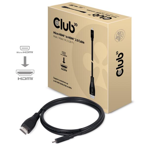 CLUB3D CAVO MICRO HDMI TO HDMI 2.0 4K60HZ, MALE/MALE 1M/3.28FT [CAC-1351]