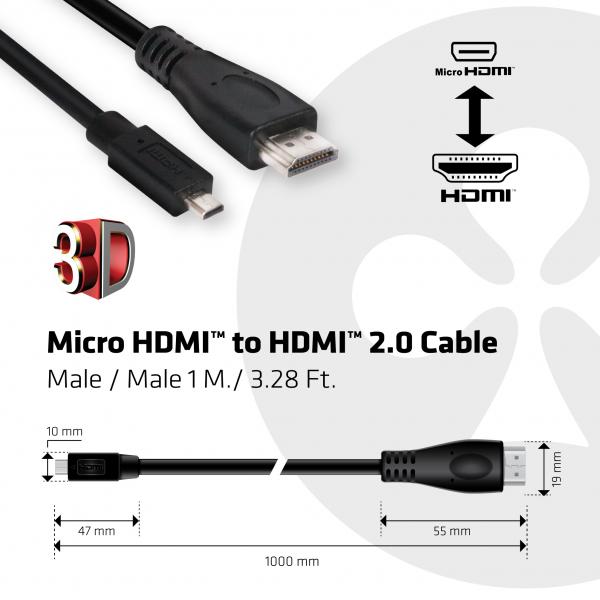 CLUB3D CAVO MICRO HDMI TO HDMI 2.0 4K60HZ, MALE/MALE 1M/3.28FT [CAC-1351]