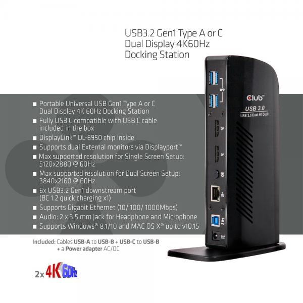 CLUB3D DOCKING STATION USB 3.1 GEN 1 DUAL DISPLAY 4K 60HZ [CSV-1460]