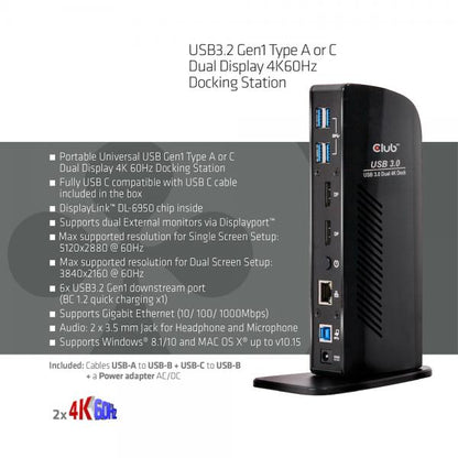 ESTACIÓN DE CONEXIÓN CLUB3D USB 3.1 GEN 1 PANTALLA DOBLE 4K 60HZ [CSV-1460] 