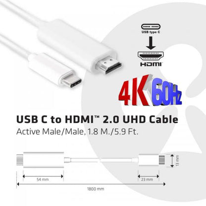 CLUB3D USB TYPE C 3.1 GEN 1 TO HDMI 2.0 CABLE 1.8 METERS/ 5.9 FEET - SUPPORT 4K UHD @ 60HZ [CAC-1514]