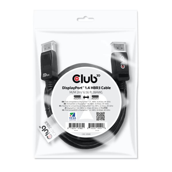 CLUB3D DISPLAYPORT 1.4 HBR3 CABLE MALE / MALE 2 M/6.56FT [CAC-2068]