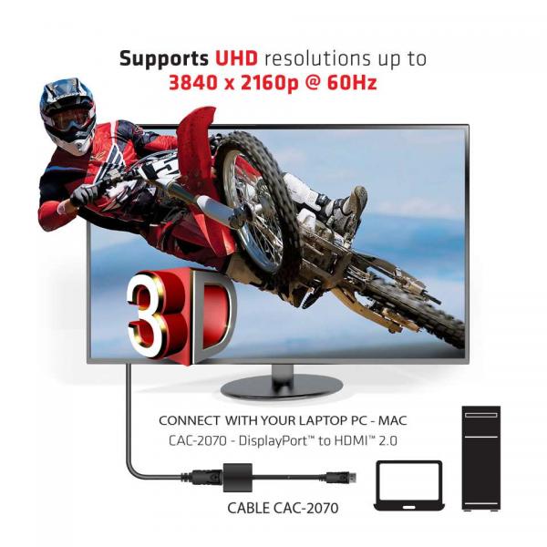 CLUB3D DISPLAY PORT 1.2 MALE TO HDMI 2.0 FEMALE 4K 60HZ UHD/ 3D ACTIVE ADAPTER [CAC-2070]