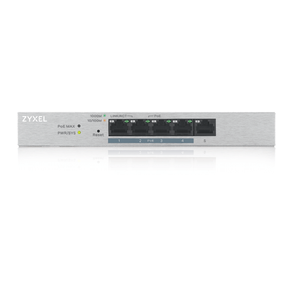 ZYXEL SWITCH NO ADMINISTRADO MÁS PUERTOS 5 GIGABIT (4 PoE), FÁCIL GESTIÓN PARA VLAN, QoS, DISEÑO SIN VENTILADOR, ESCRITORIO [GS1200-5HPV2-EU0101F] 