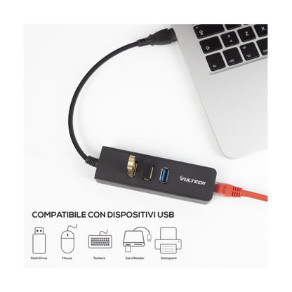 VULTECH HUB 3 PORTE USB 3.0 5 GBPS E PORTA RJ45 GUGABIT [HRJ-03USB3]