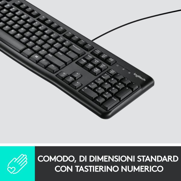 Logitech K120 Tastiera con Cavo per Windows, USB Plug-and-Play, Dimensioni Standard, Resistente agli Schizzi, Barra Spaziatrice Curva, Compatibile con PC, Laptop [920-002492]