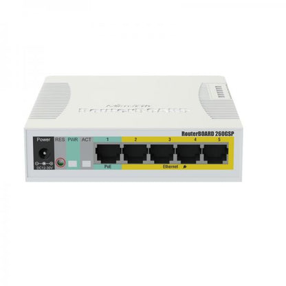 MikroTik, RouterBOARD 260GSP 5, port Gigabit smart switch with SFP cage, SwOS, plastic case, CSS106-1G-4P-1S [CSS106-1G-4P-1S]