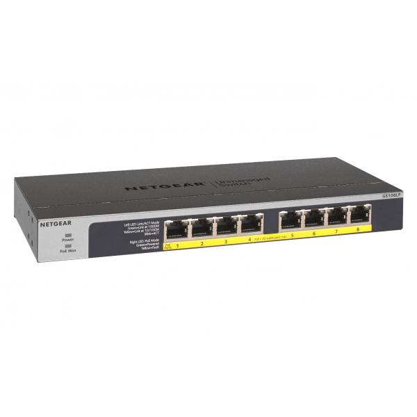 NETGEAR GS108LP Unmanaged Gigabit Ethernet (10/100/1000) Support Power over Ethernet (PoE) 1U Black, Gray [GS108LP-100EUS] 