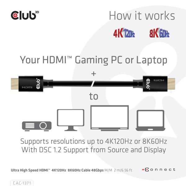 CLUB3D HDMI 2.1 MALE TO HDMI 2.1 MALE ULTRA HIGH SPEED 10K 120HZ 1M/ 3.28FT [CAC-1371] 