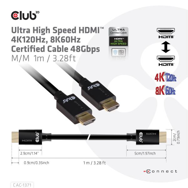 CLUB3D HDMI 2.1 MALE TO HDMI 2.1 MALE ULTRA HIGH SPEED 10K 120HZ 1M/ 3.28FT [CAC-1371]