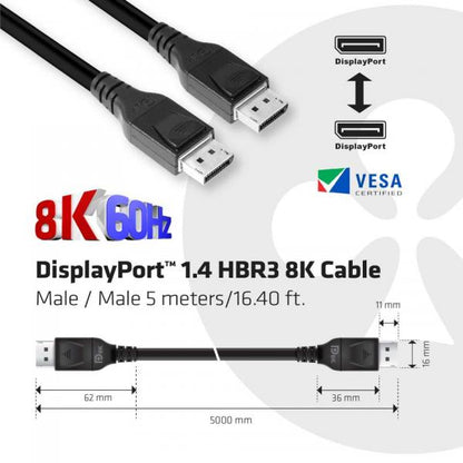 CLUB3D DISPLAYPORT 1.4 HBR3 CABLE MALE / MALE 5 METERS/16.40FT 8K @60HZ 28AWG [CAC-1061] 