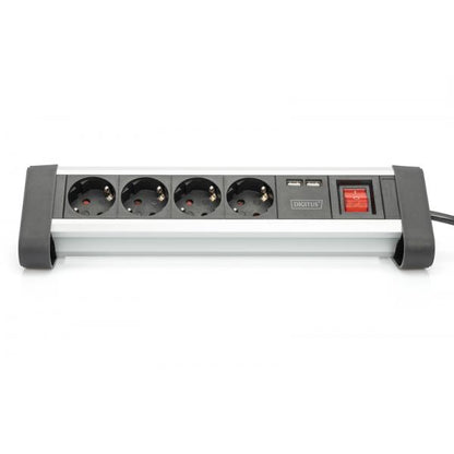 Digitus 4-way Office Power Strip with 2x USB On/Off Switch - Alu-housing - USB out: 5V/2A - Black/Silver [DA-70614]