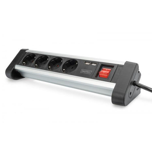 Digitus 4-way Office Power Strip with 2x USB On/Off Switch - Alu-housing - USB out: 5V/2A - Black/Silver [DA-70614]