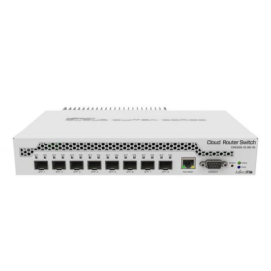 MikroTik, Cloud Router Switch 309, 1G, 8S+IN with Dual core 800MHz CPU, 512MB RAM, 1xGigabit LAN, 8 x SFP+ cages, RouterOS L5 or SwitchOS (dual boot), passive desktop case, rackmount ears, [CRS309-1G-8S+IN]