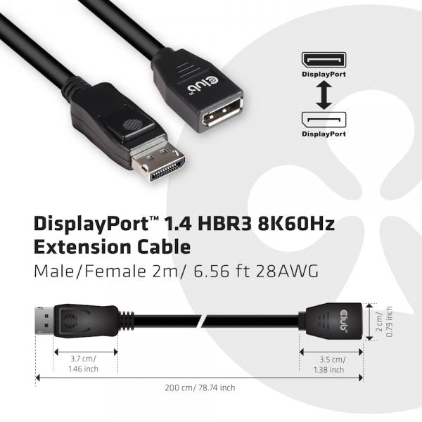 CLUB 3D RT 1.4 HBR3 EXTENSION CABLE 8K60HZ M/F 2M /6.56FT [CAC-1022]