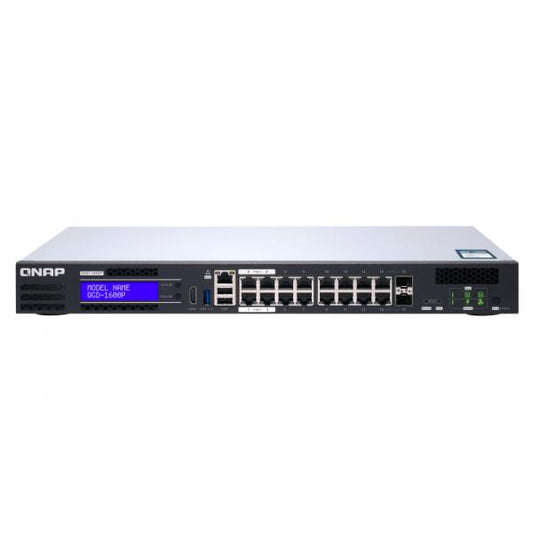 QNAP EDGE Guardian 1600P, 16 1GbE PoE ports with 2 RJ45 and SFP+ combo port. 370W PoE power budget, Intel CeleronJ4115, 2 X 2.5" SSD/HDD, 2 x PCIe Gen 2x2 slots, 1 X USB3.0, 2 X USB 2.0, 1 [QGD-1600P-8G]