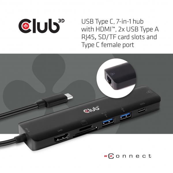 CLUB3D USB TYPE C 7 IN 1 HUB TO HDMI 4K60Hz+SDTF CARD SLOT+2XUSBA + USB C PD +RJ45 [CSV-1592]