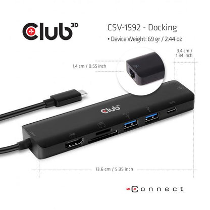 CLUB3D USB TYPE C 7 IN 1 HUB TO HDMI 4K60Hz+SDTF CARD SLOT+2XUSBA + USB C PD +RJ45 [CSV-1592] 