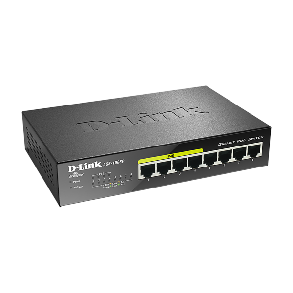 D-Link DGS-1008P switch di rete Non gestito Gigabit Ethernet (10/100/1000) Supporto Power over Ethernet (PoE) Nero [DGS-1008P]