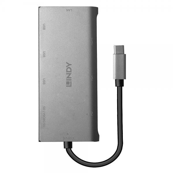 LINDY MINI DOCKING STATION PER LAPTOP USB-C - HDMI, VGA, PD 3.0 100W, USB 3.1, GIGABIT, SD, AUDIO [43278]
