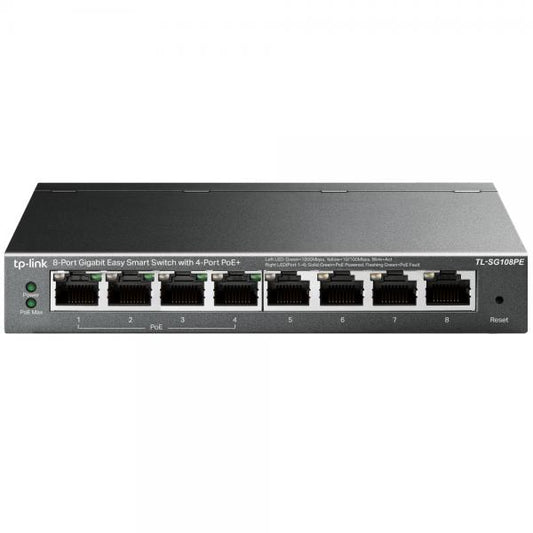 TP-Link - TL-SG108PE - 8-Port Gigabit Desktop PoE Easy Smart Switch, 8 Gigabit RJ45 ports including 4 PoE ports, 55W PoE Power supply, MTU/Port/Tag-based VLAN, QoS, IGMP Snooping, steel case [TL-SG108PE]