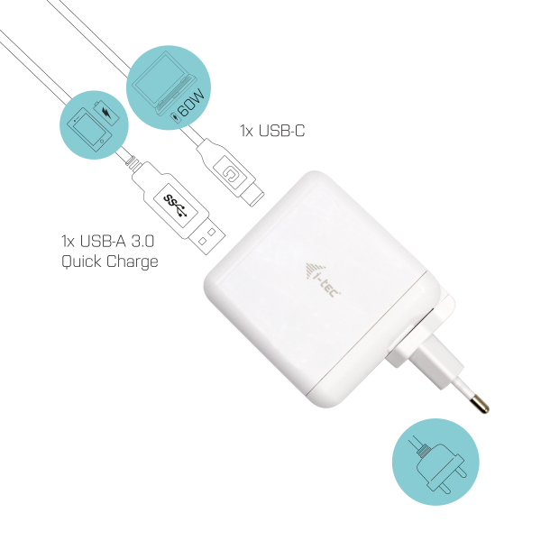 i-tec CHARGER-C60WTUK Caricabatterie per dispositivi mobili Bianco Interno [C31FLATDP60HZ]