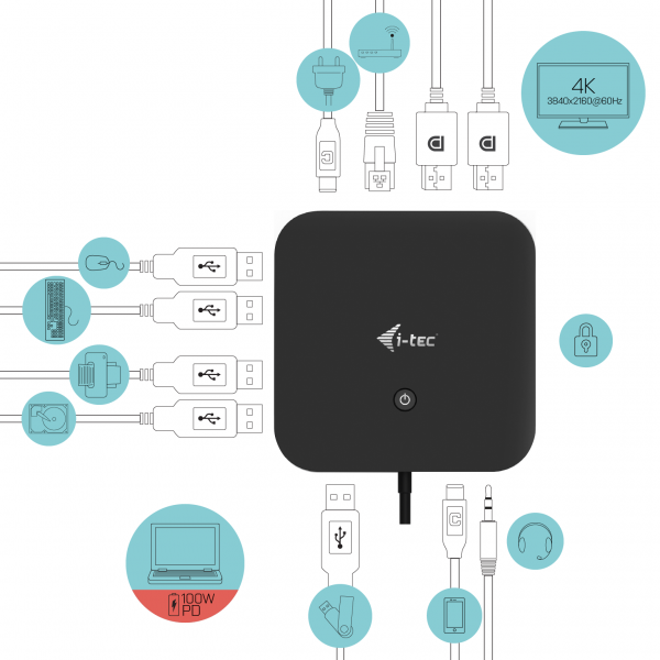 ESTACIÓN DE CONEXIÓN I-TEC USB-C PANTALLA DUAL CON ENTREGA DE ENERGÍA 100W+CARGADOR-C77W [C31DUALDPDOCKPD65W]