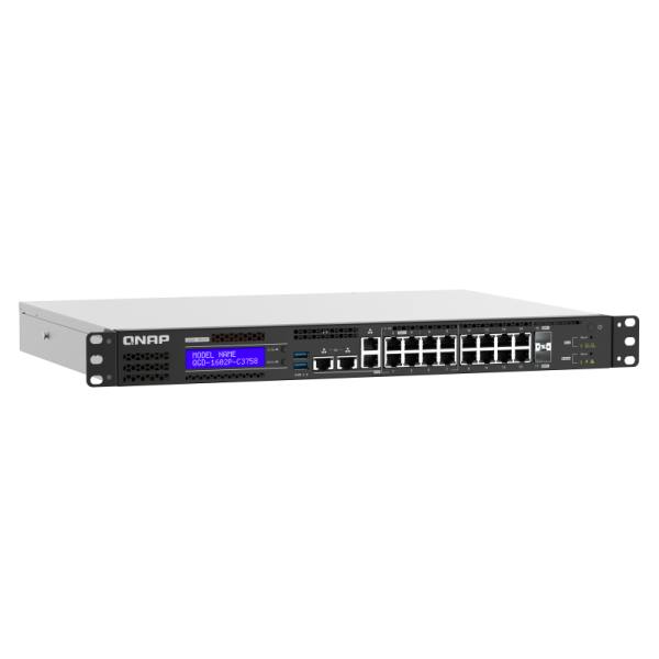 QNAP EDGE Guardian 1602P, 16 1GbE PoE ports with 2 RJ45 and SFP+ combo port., 418W toatl power comsumption, 370W PoE power budget, Intel CeleronJ4115, Equipped with QTS, 2 X 2.5" SSD/HDD, [QGD-1602P-C3558-8G]