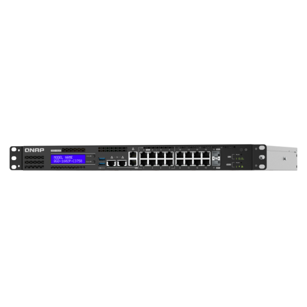 QNAP EDGE Guardian 1602P, 16 1GbE PoE ports with 2 RJ45 and SFP+ combo port., 418W toatl power comsumption, 370W PoE power budget, Intel CeleronJ4115, Equipped with QTS, 2 X 2.5" SSD/HDD, [QGD-1602P-C3558-8G]