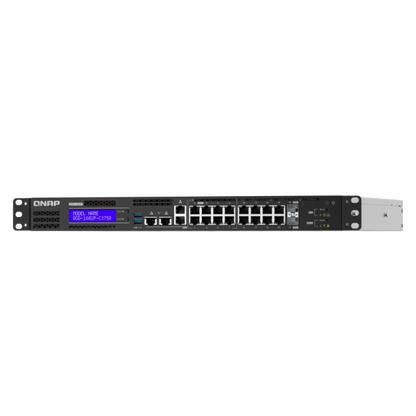 QNAP EDGE Guardian 1602P, 16 1GbE PoE ports with 2 RJ45 and SFP+ combo port., 418W toatl power comsumption, 370W PoE power budget, Intel CeleronJ4115, Equipped with QTS, 2 X 2.5" SSD/HDD, [QGD-1602P-C3558-8G]