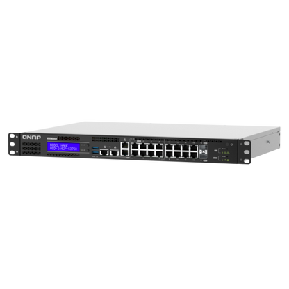 QNAP EDGE Guardian 1602P, 16 1GbE PoE ports with 2 RJ45 and SFP+ combo port., 418W toatl power comsumption, 370W PoE power budget, Intel CeleronJ4115, Equipped with QTS, 2 X 2.5" SSD/HDD, [QGD-1602P-C3558-8G]