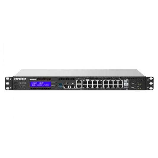 QNAP EDGE Guardian 1602P, 16 1GbE PoE ports with 2 RJ45 and SFP+ combo port., 418W toatl power comsumption, 370W PoE power budget, Intel CeleronJ4115, Equipped with QTS, 2 X 2.5" SSD/HDD, [QGD-1602P-C3558-8G]