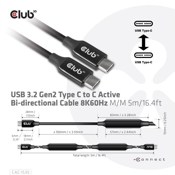 CLUB3D USB TYPE C CABLE 3.2 GEN 2MM 5M/15FT SUPPORTS UP TO 10Gbps/8K 60Hz/60Watt [CAC-1535] 