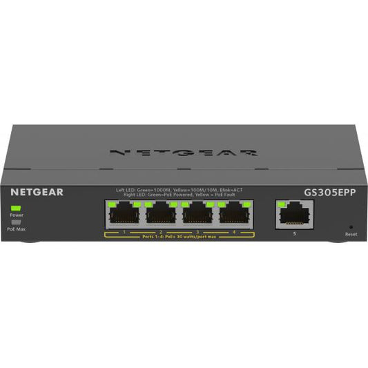 Conmutador NETGEAR Gigabit Ethernet de alta potencia PoE+ Plus de 5 puertos (GS305EPP) Gigabit Ethernet administrado L2/L3 (10/100/1000) Compatible con alimentación a través de Ethernet (PoE) Negro [GS305EPP-100PES] 